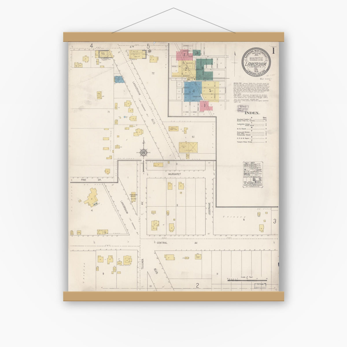 Old map wall art mockup — magnetic wood frame on white wall — Sanborn Fire Insurance Map from Lankershim, Los Angeles County, California (1919), Sheet #0001
