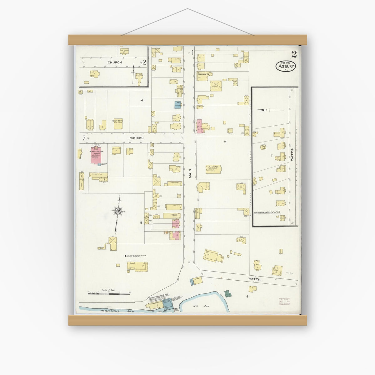 Old map wall art mockup — magnetic wood frame on white wall — Sanborn Fire Insurance Map from Asbury, Warren County, New Jersey (1909), Sheet #0002