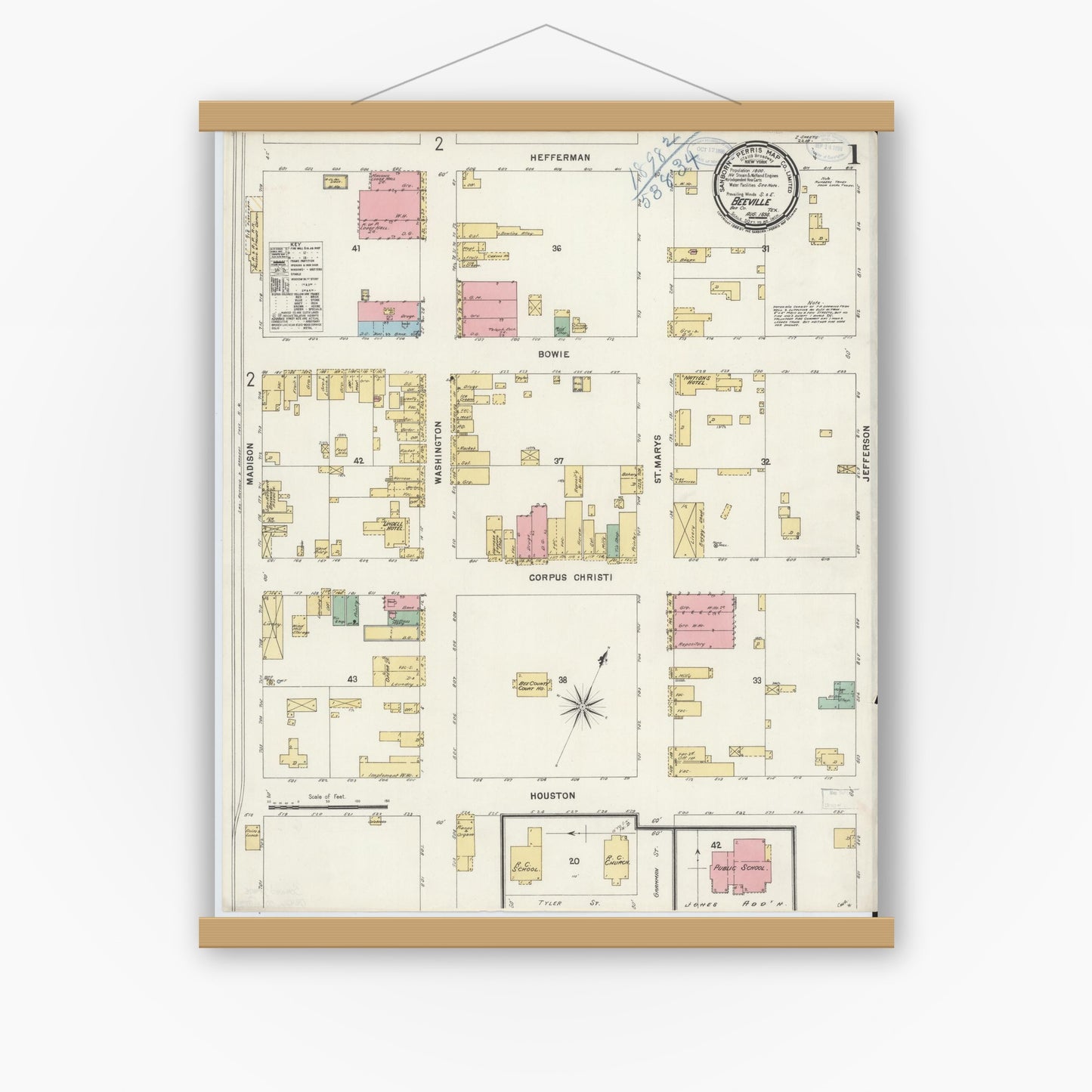 Old map wall art mockup — magnetic wood frame on white wall — Sanborn Fire Insurance Map from Beeville, Bee County, Texas (1898), Sheet #0001