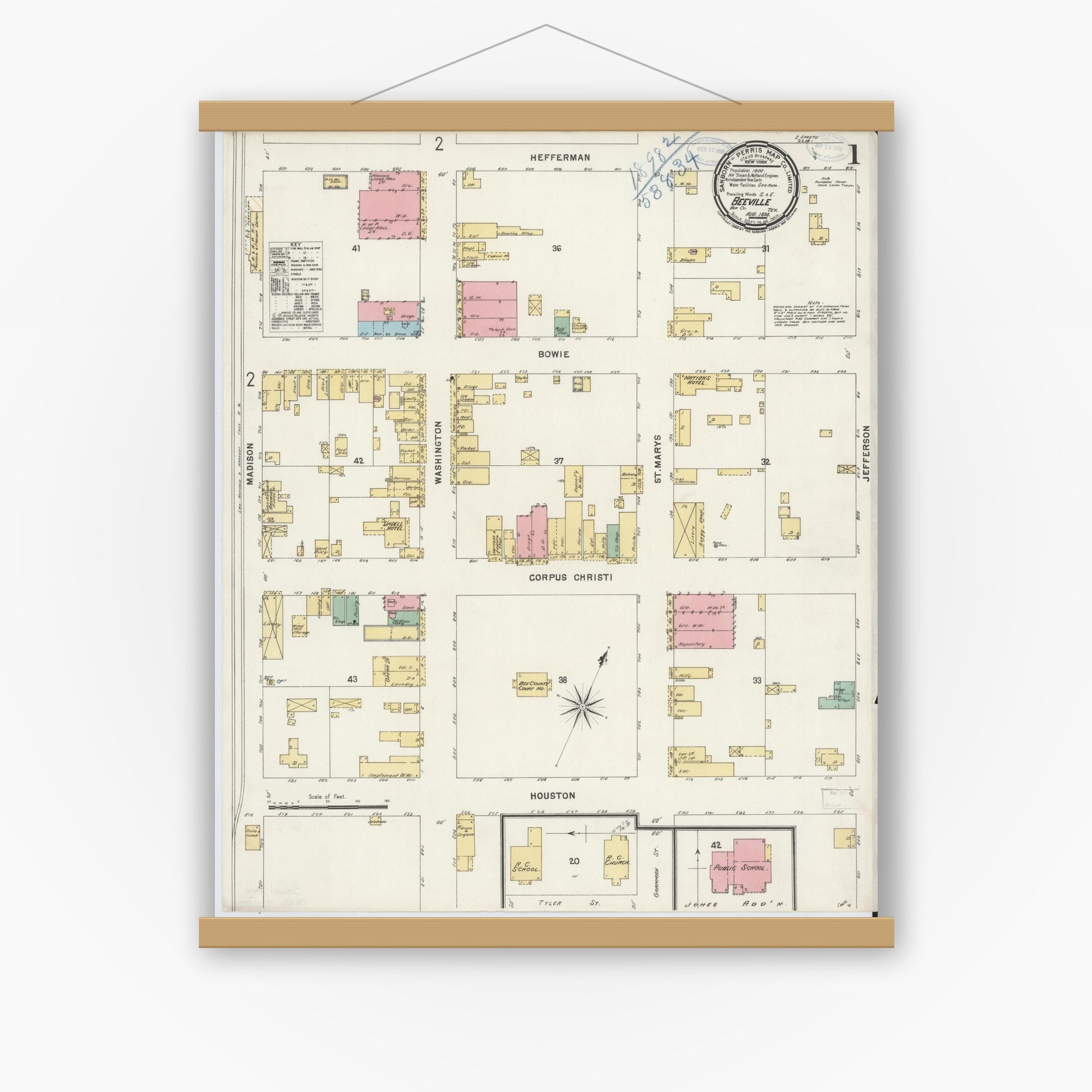 Old map wall art mockup — magnetic wood frame on white wall — Sanborn Fire Insurance Map from Beeville, Bee County, Texas (1898), Sheet #0001