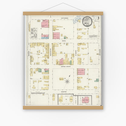 Old map wall art mockup — magnetic wood frame on white wall — Sanborn Fire Insurance Map from Beeville, Bee County, Texas (1898), Sheet #0001