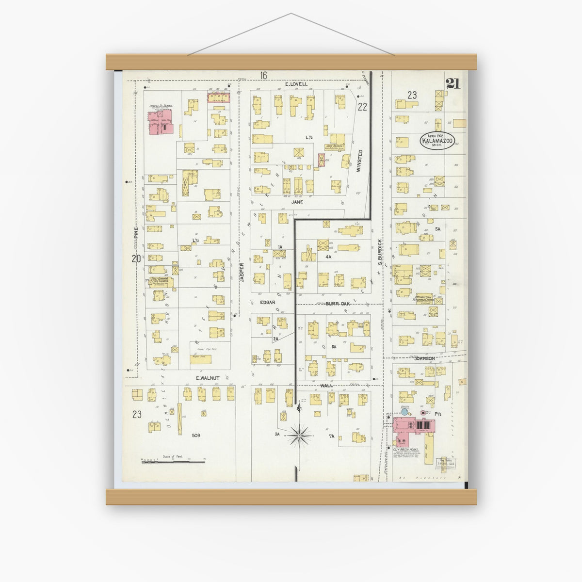 Old map wall art mockup — magnetic wood frame on white wall — Sanborn Fire Insurance Map from Kalamazoo, Kalamazoo County, Michigan (1902), Sheet #0021