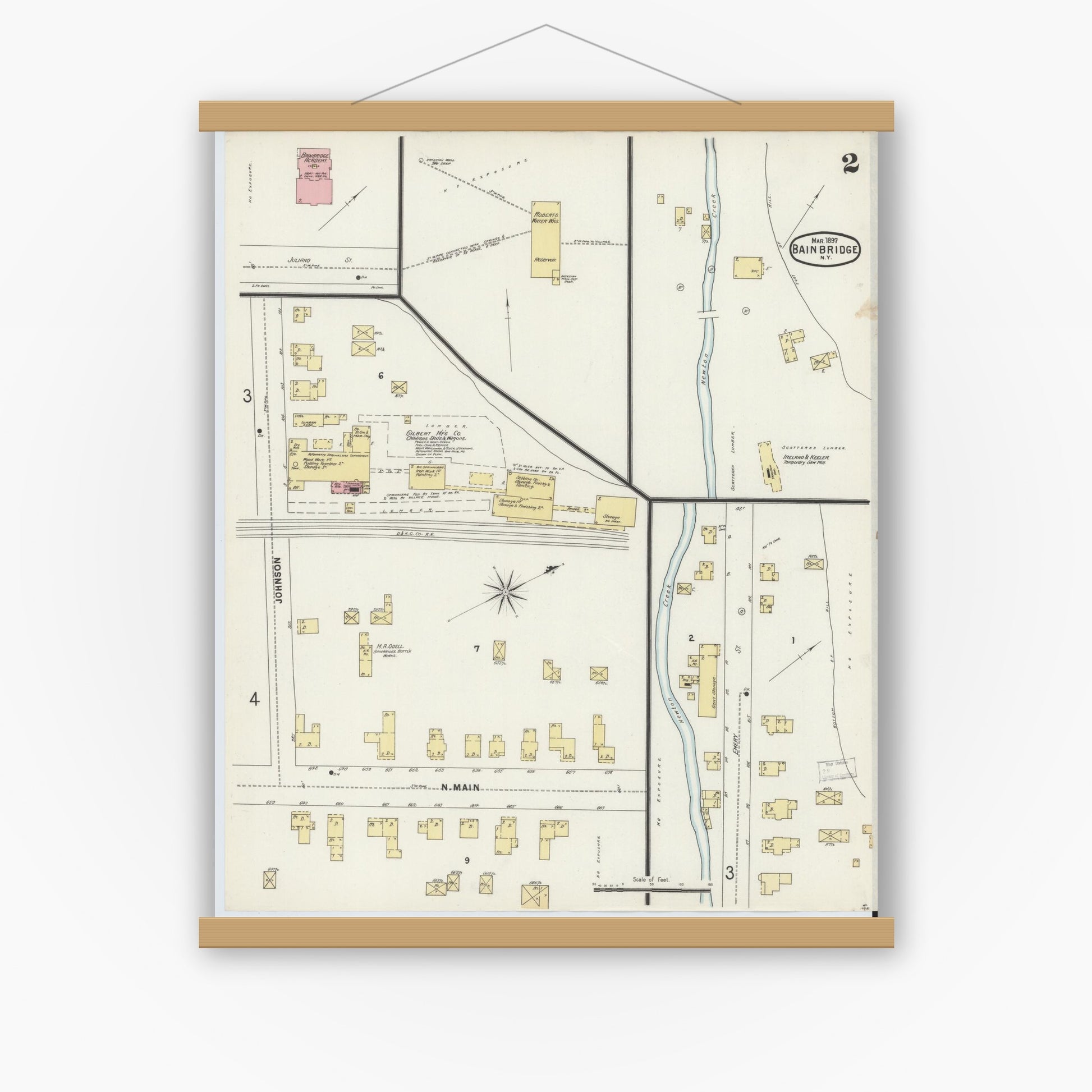 Old map wall art mockup — magnetic wood frame on white wall — Sanborn Fire Insurance Map from Bainbridge, Chenango County, New York (1897), Sheet #0002
