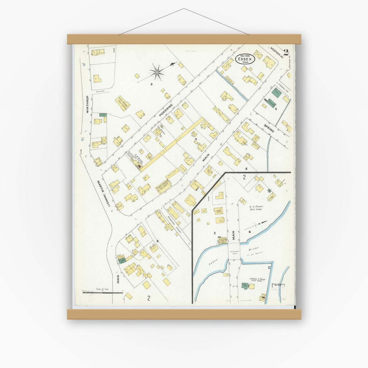 Old map wall art mockup — magnetic wood frame on white wall — Sanborn Fire Insurance Map from Essex, Essex County, Massachusetts (1909), Sheet #0002