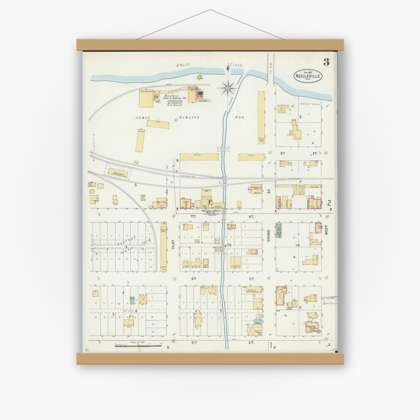 Old map wall art mockup — magnetic wood frame on white wall — Sanborn Fire Insurance Map from Neillsville, Clark County, Wisconsin (1897), Sheet #0003
