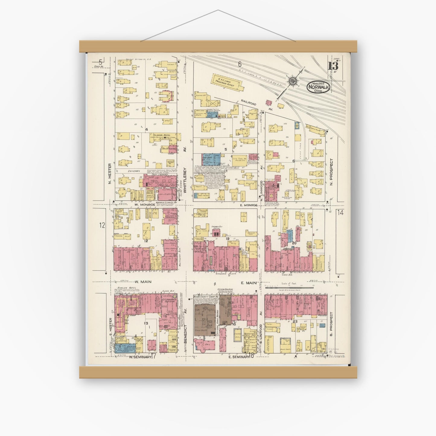 Old map wall art mockup — magnetic wood frame on white wall — Sanborn Fire Insurance Map from Norwalk, Huron County, Ohio (1922), Sheet #0013