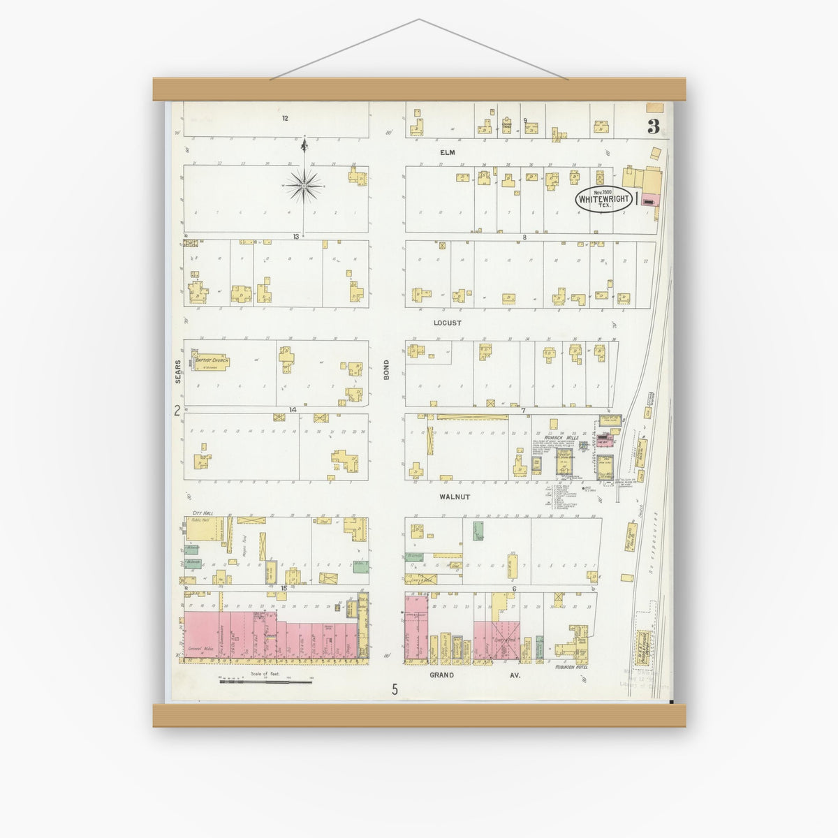 Old map wall art mockup — magnetic wood frame on white wall — Sanborn Fire Insurance Map from Whitewright, Grayson County, Texas (1900), Sheet #0003