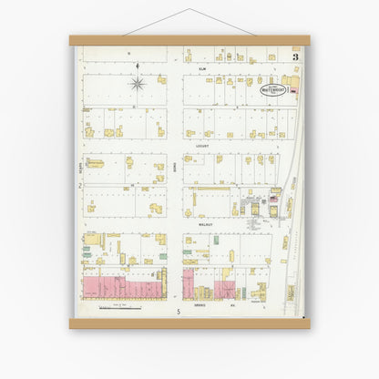 Old map wall art mockup — magnetic wood frame on white wall — Sanborn Fire Insurance Map from Whitewright, Grayson County, Texas (1900), Sheet #0003