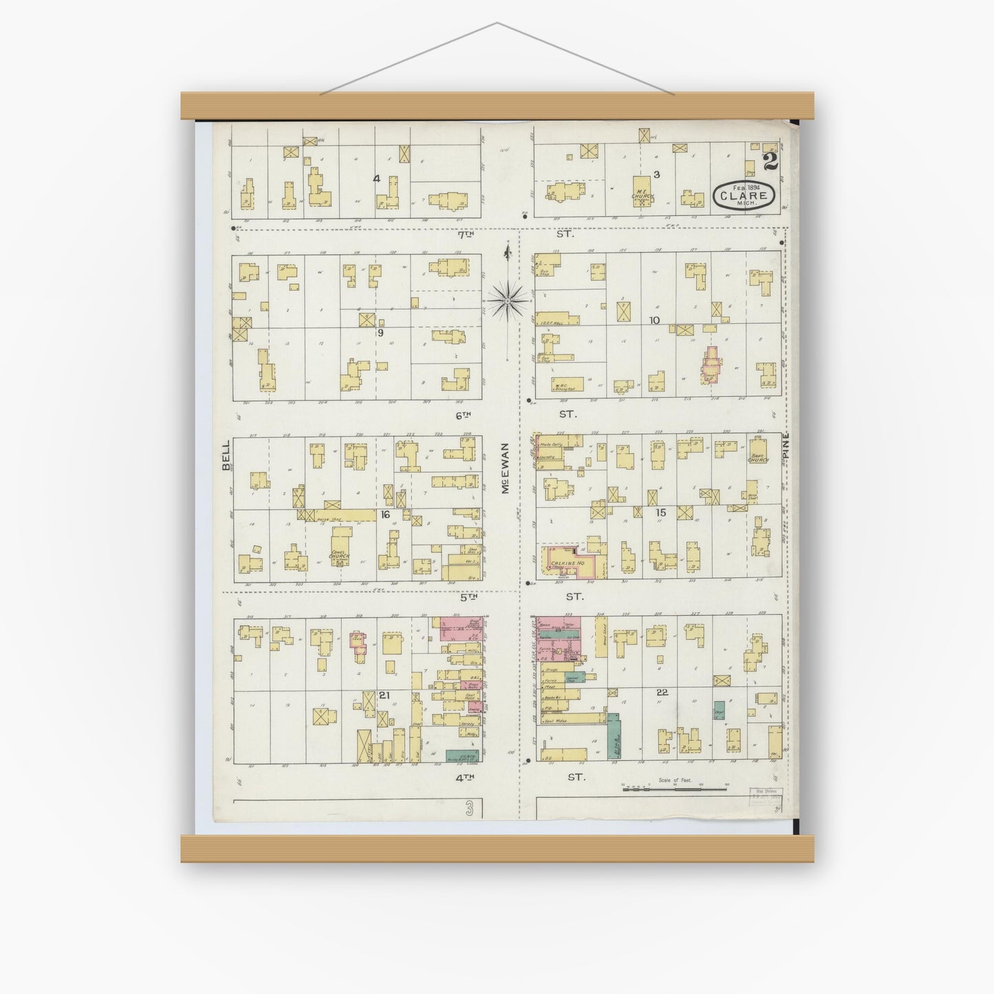 Old map wall art mockup — magnetic wood frame on white wall — Sanborn Fire Insurance Map from Clare, Clare County, Michigan (1894), Sheet #0002