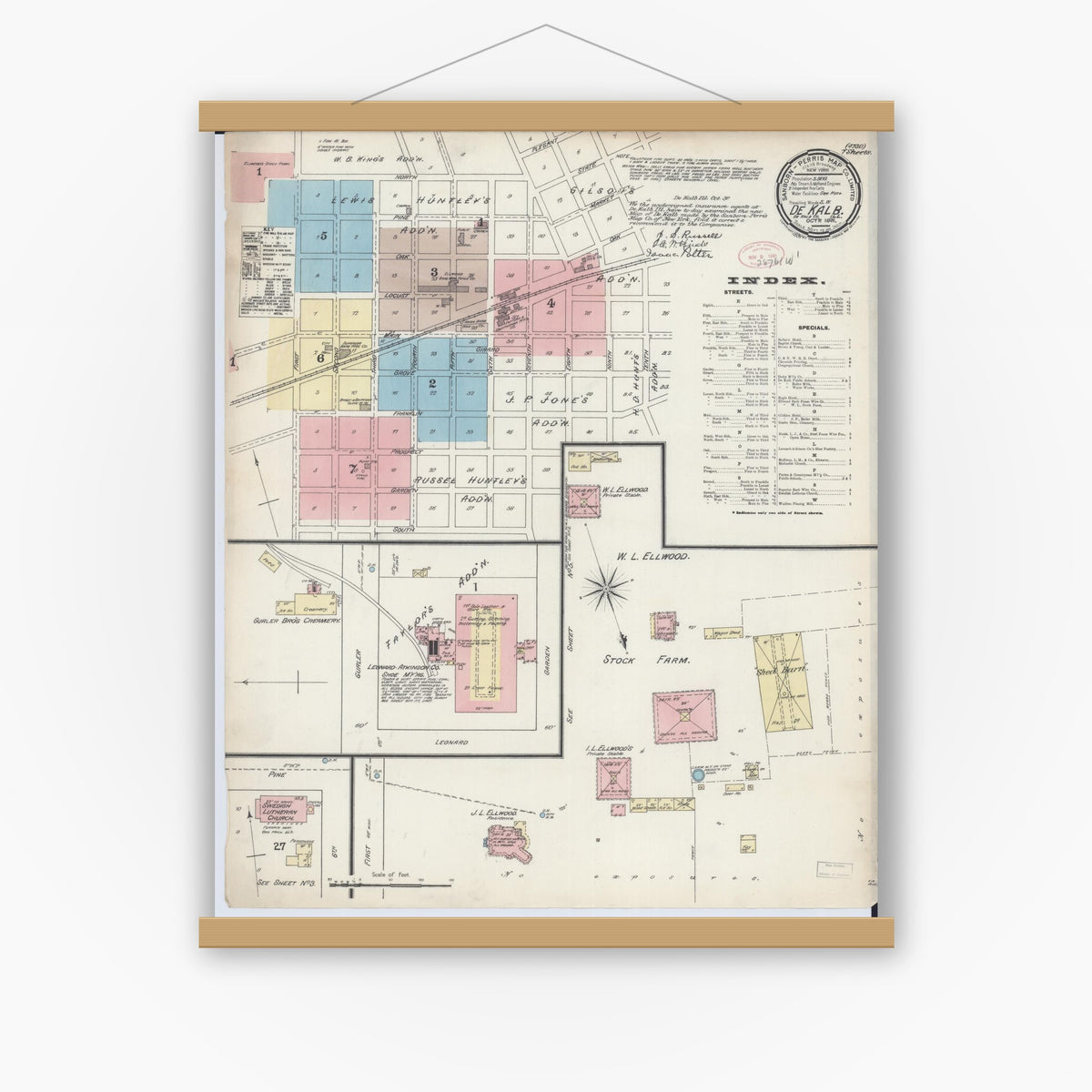 Old map wall art mockup — magnetic wood frame on white wall — Sanborn Fire Insurance Map from De Kalb, De Kalb County, Illinois (1891) - Complete Map Set