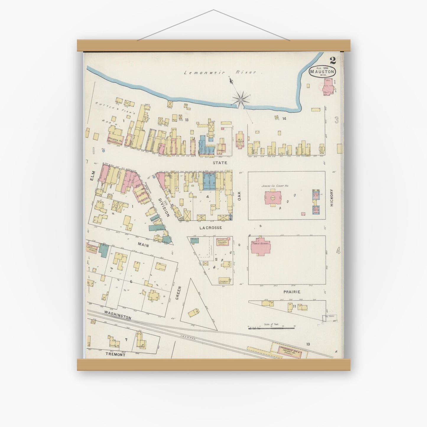 Old map wall art mockup — magnetic wood frame on white wall — Sanborn Fire Insurance Map from Mauston, Juneau County, Wisconsin (1894), Sheet #0002