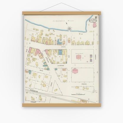 Old map wall art mockup — magnetic wood frame on white wall — Sanborn Fire Insurance Map from Mauston, Juneau County, Wisconsin (1894), Sheet #0002