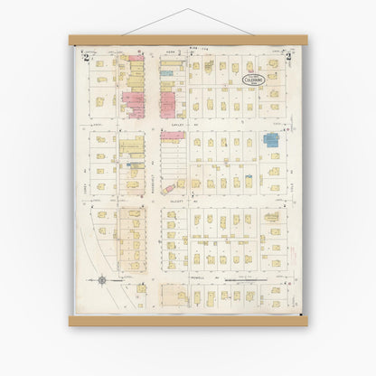 Old map wall art mockup — magnetic wood frame on white wall — Sanborn Fire Insurance Map from Coleraine, Itasca County, Minnesota (1944), Sheet #0002