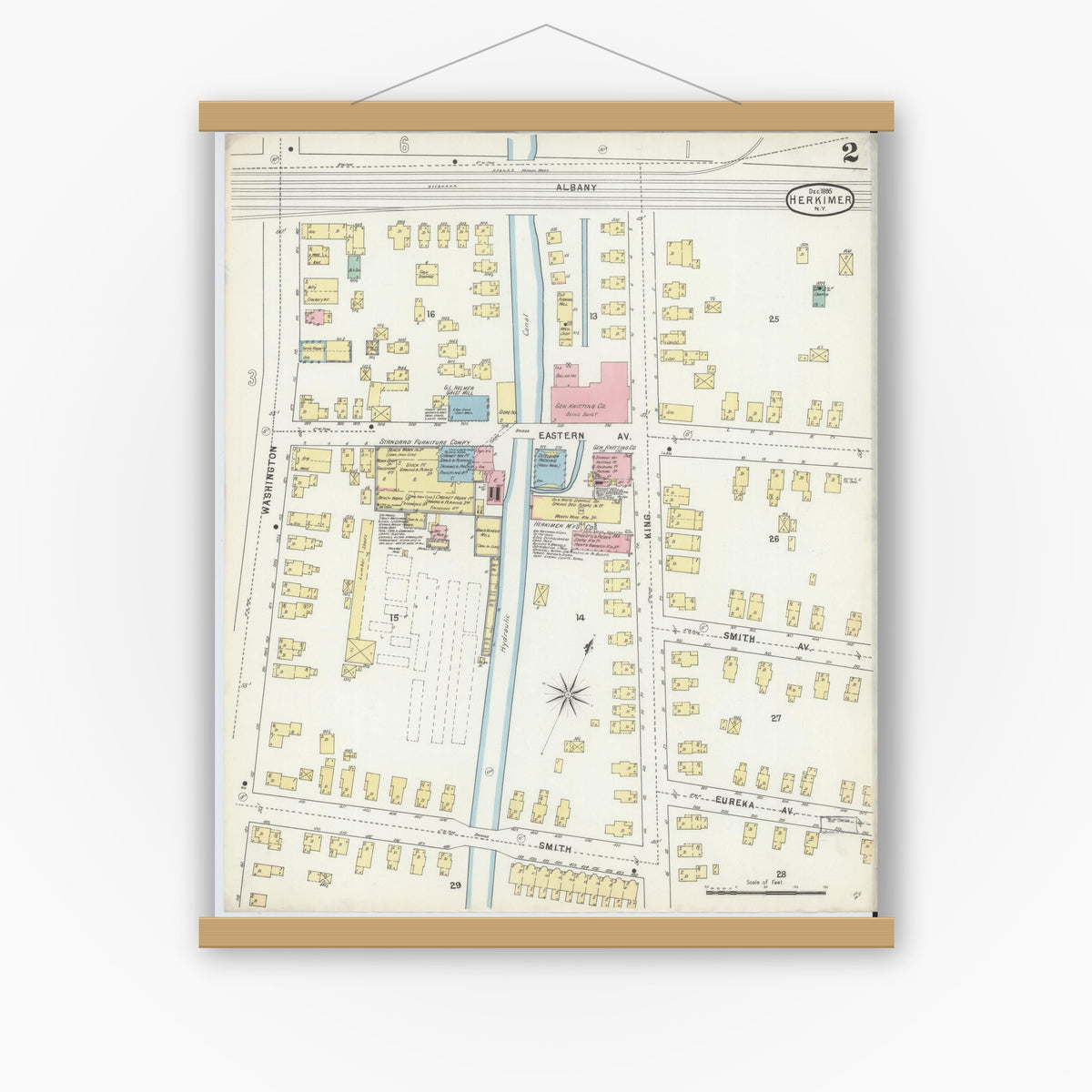 Old map wall art mockup — magnetic wood frame on white wall — Sanborn Fire Insurance Map from Herkimer, Herkimer County, New York (1895), Sheet #0002