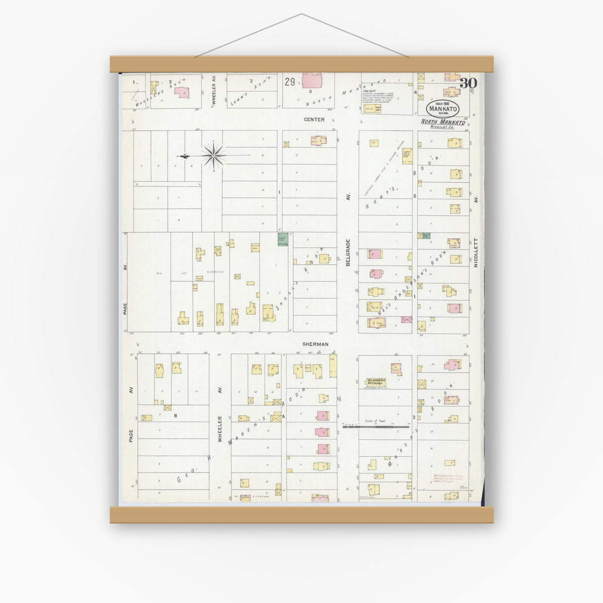 Old map wall art mockup — magnetic wood frame on white wall — Sanborn Fire Insurance Map from Mankato, Blue Earth County, Minnesota (1908), Sheet #0030