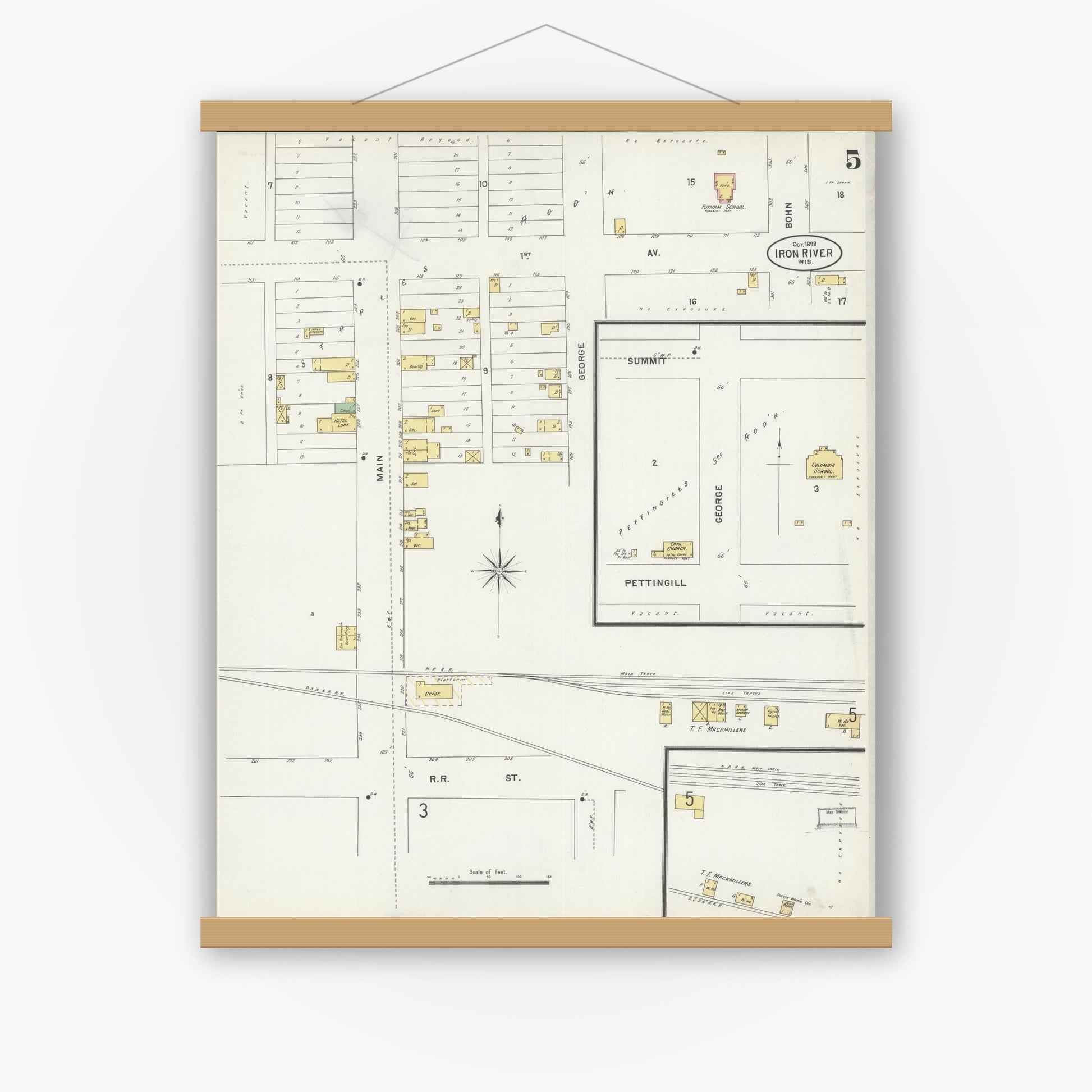 Old map wall art mockup — magnetic wood frame on white wall — Sanborn Fire Insurance Map from Iron River, Bayfield County, Wisconsin (1898), Sheet #0005