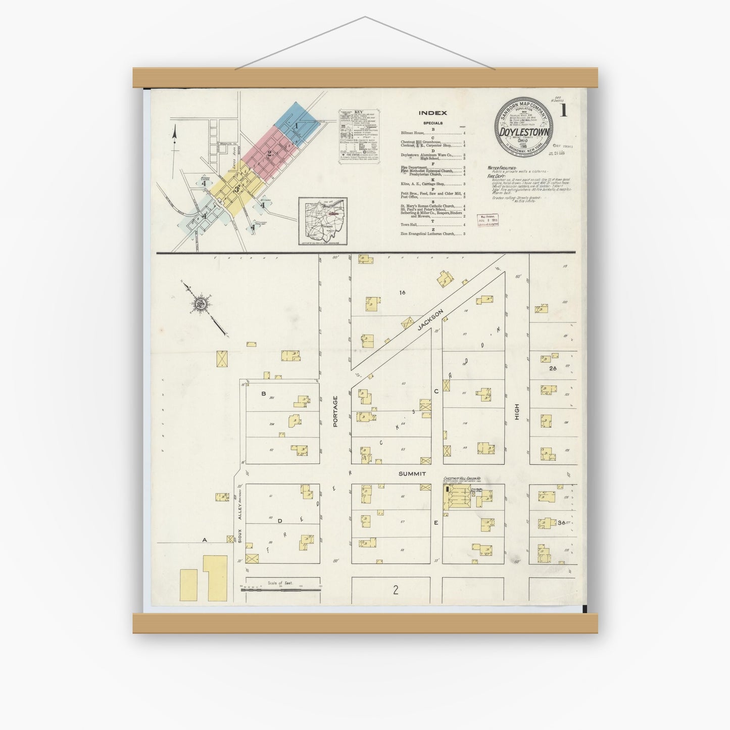 Old map wall art mockup — magnetic wood frame on white wall — Sanborn Fire Insurance Map from Doylestown, Wayne County, Ohio (1915), Sheet #0001