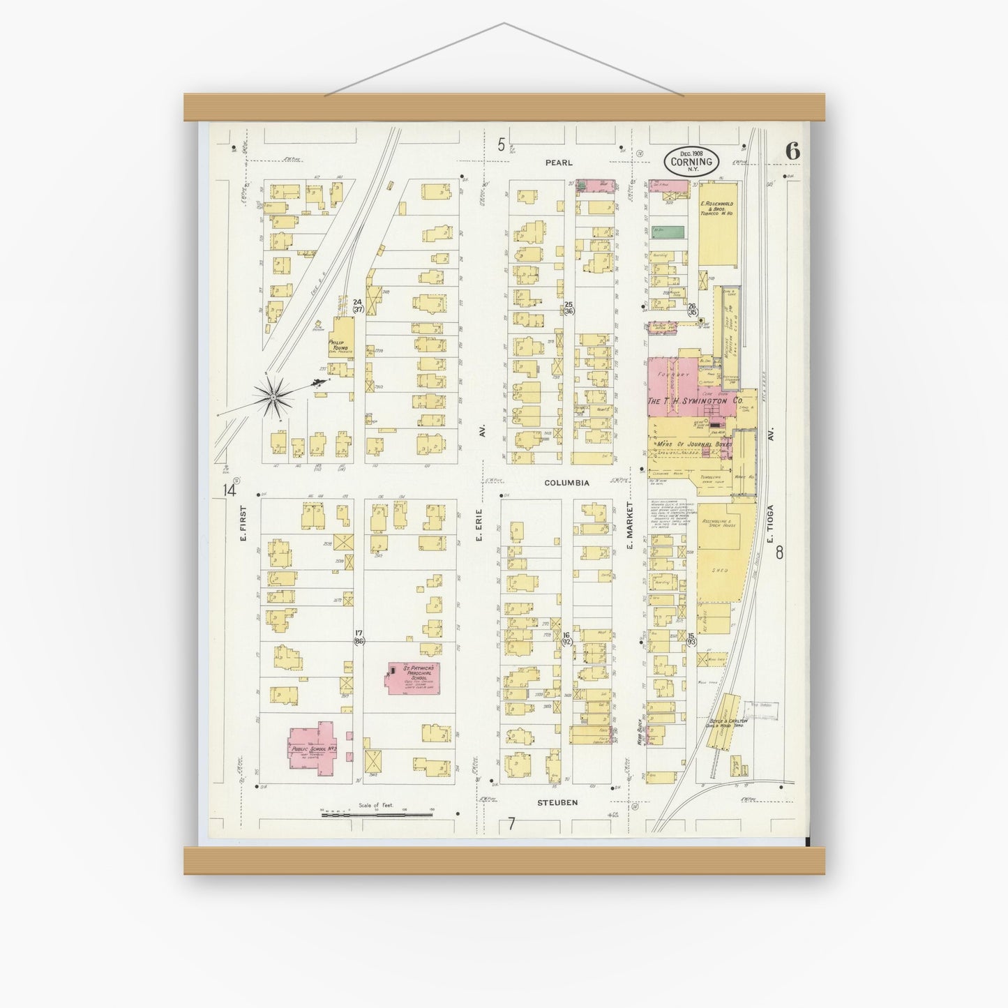Old map wall art mockup — magnetic wood frame on white wall — Sanborn Fire Insurance Map from Corning, Steuben County, New York (1908), Sheet #0006