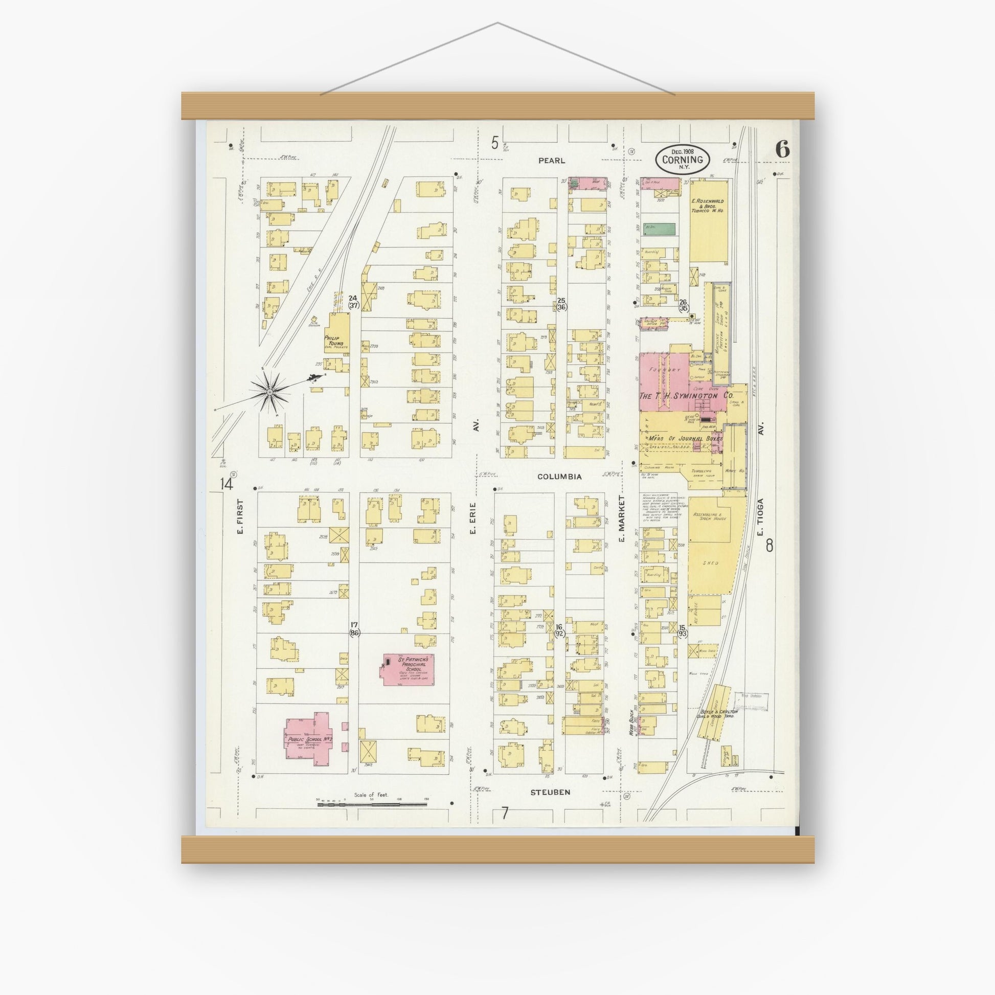 Old map wall art mockup — magnetic wood frame on white wall — Sanborn Fire Insurance Map from Corning, Steuben County, New York (1908), Sheet #0006