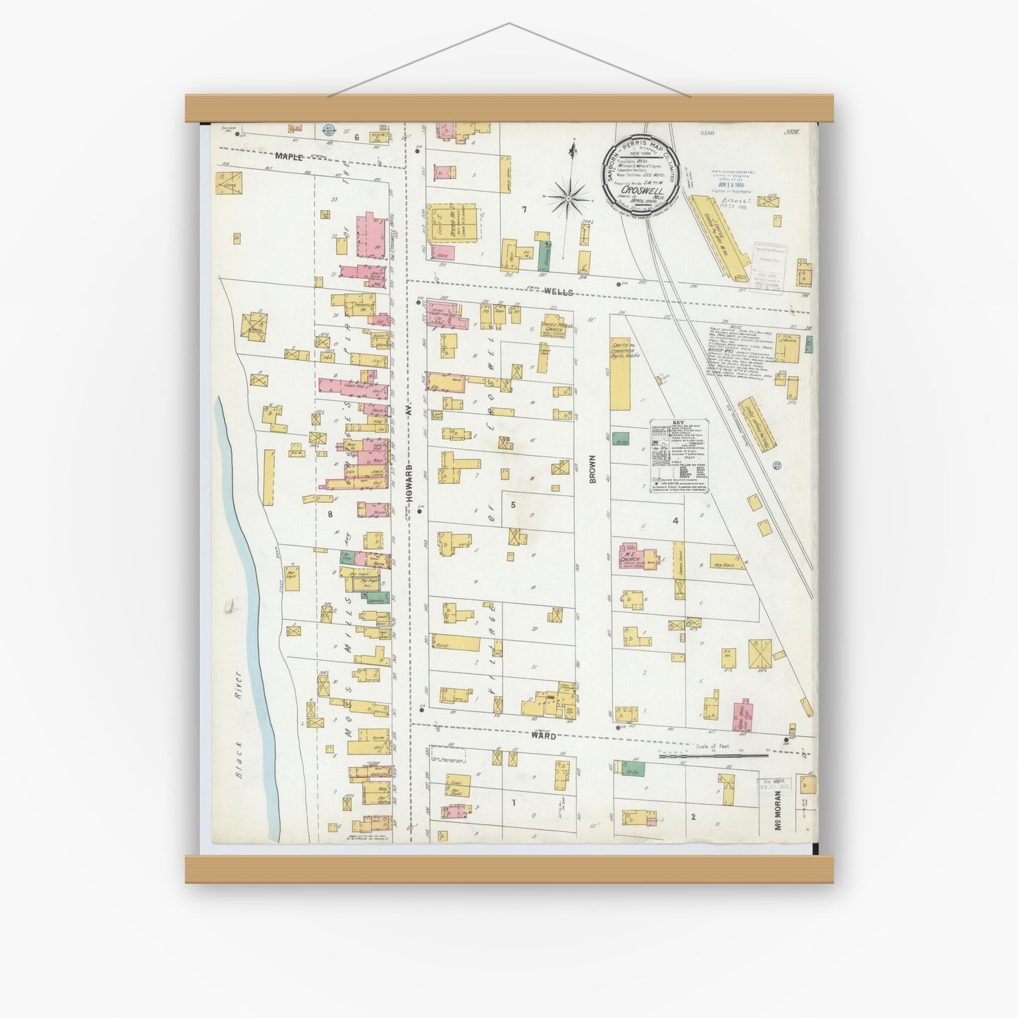 Old map wall art mockup — magnetic wood frame on white wall — Sanborn Fire Insurance Map from Croswell, Sanilac County, Michigan (1900), Sheet #0001