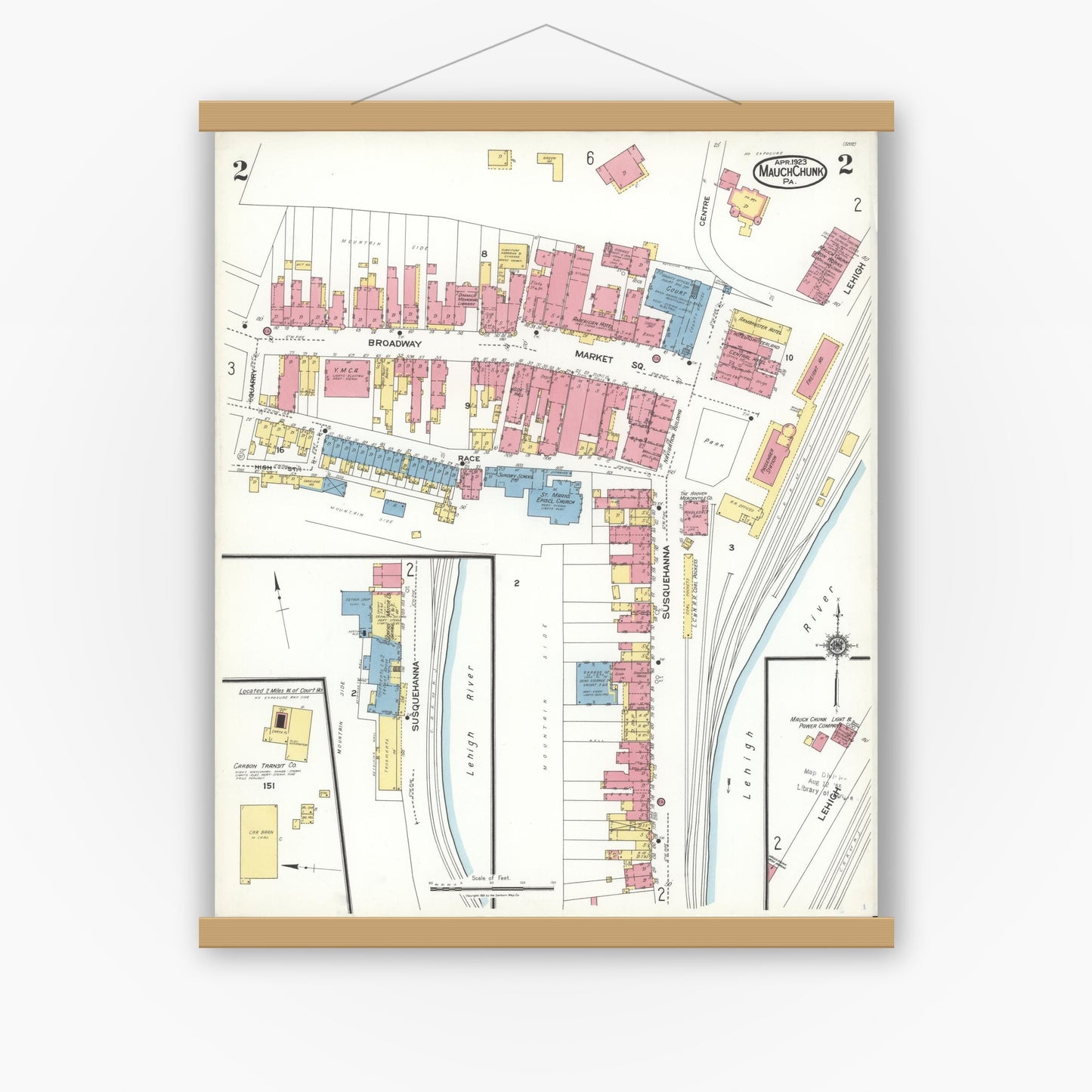 Old map wall art mockup — magnetic wood frame on white wall — Sanborn Fire Insurance Map from Mauch Chunk, Carbon County, Pennsylvania (1923), Sheet #0002