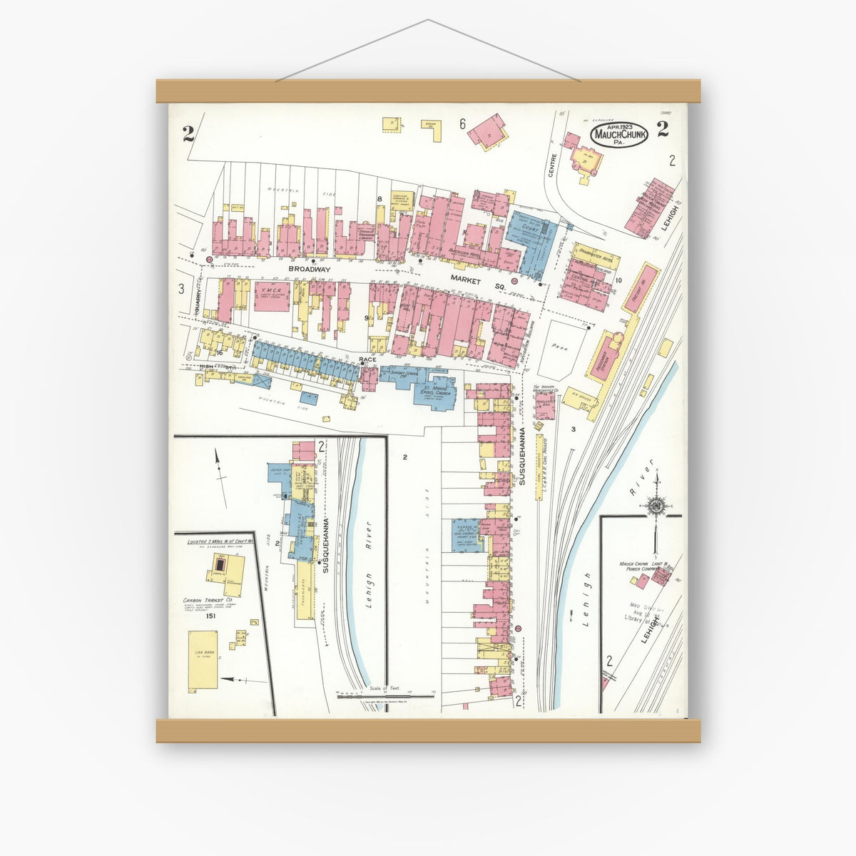 Old map wall art mockup — magnetic wood frame on white wall — Sanborn Fire Insurance Map from Mauch Chunk, Carbon County, Pennsylvania (1923), Sheet #0002