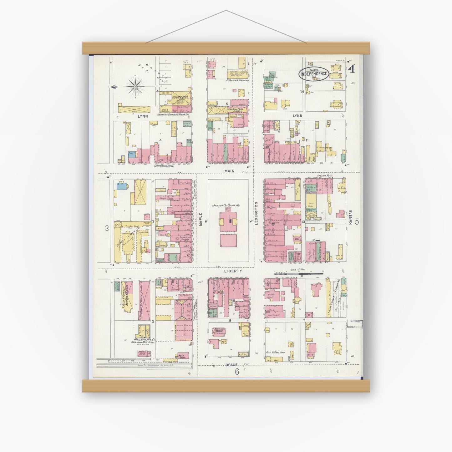 Old map wall art mockup — magnetic wood frame on white wall — Sanborn Fire Insurance Map from Independence, Jackson County, Missouri (1898), Sheet #0004