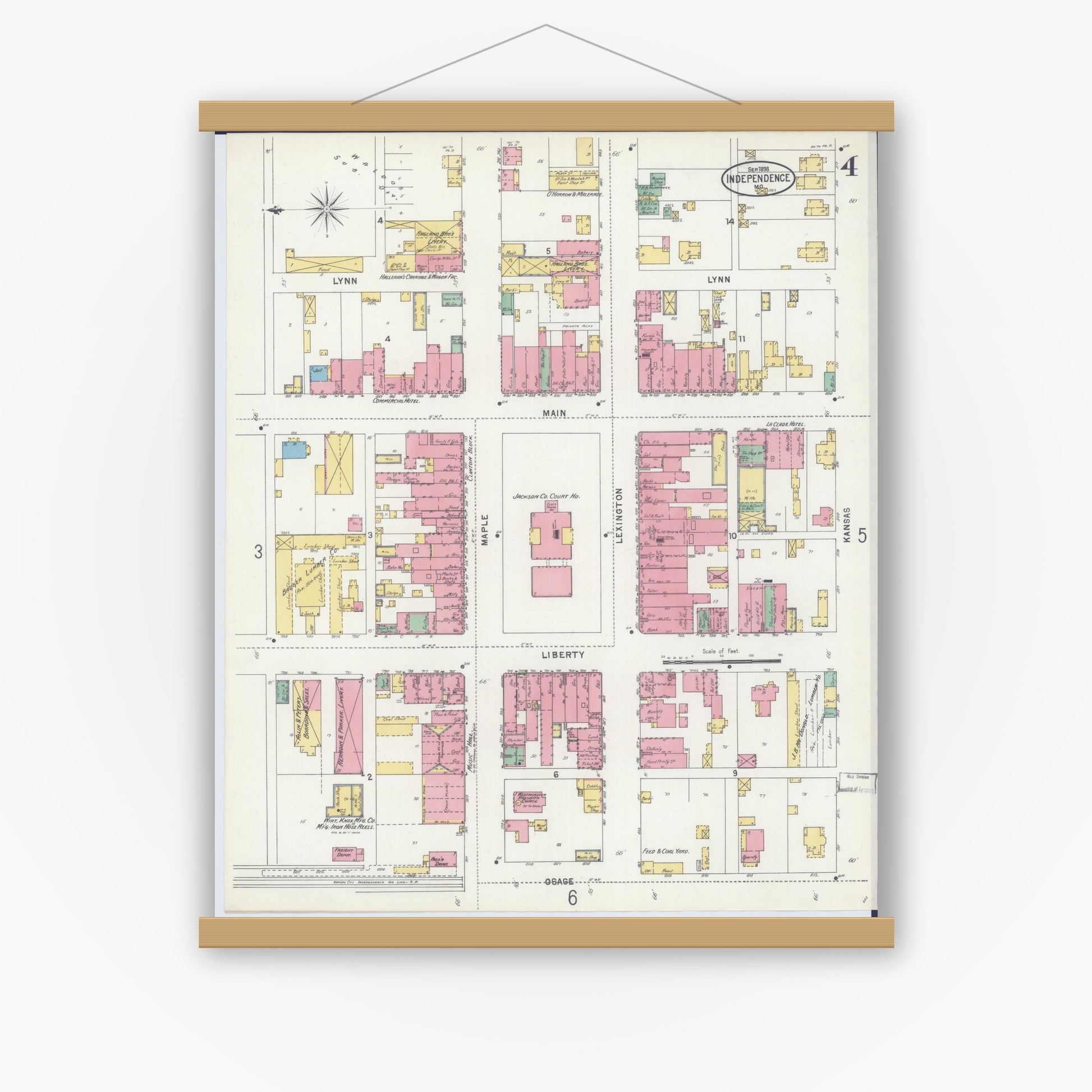 Old map wall art mockup — magnetic wood frame on white wall — Sanborn Fire Insurance Map from Independence, Jackson County, Missouri (1898), Sheet #0004