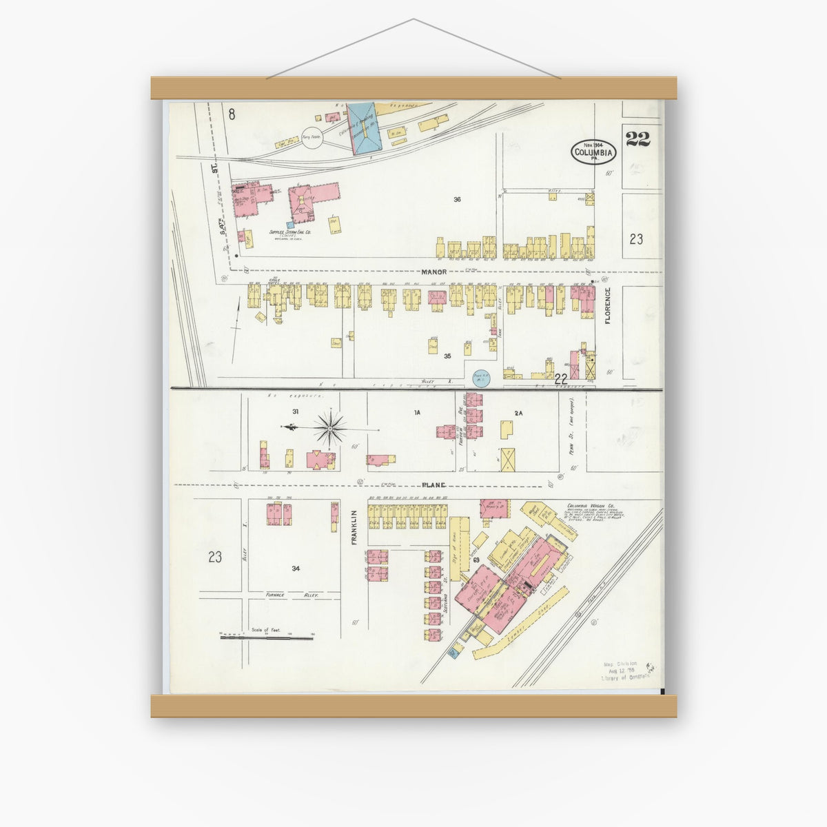 Old map wall art mockup — magnetic wood frame on white wall — Sanborn Fire Insurance Map from Columbia, Lancaster County, Pennsylvania (1904), Sheet #0022