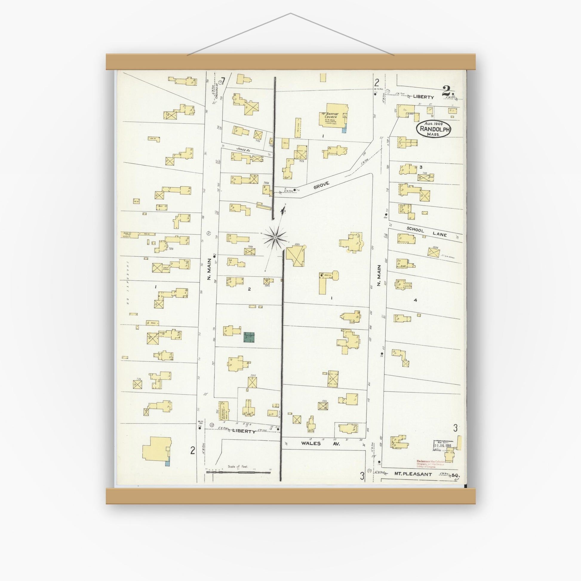 Old map wall art mockup — magnetic wood frame on white wall — Sanborn Fire Insurance Map from Randolph, Norfolk County, Massachusetts (1909), Sheet #0002
