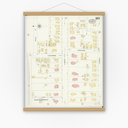 Old map wall art mockup — magnetic wood frame on white wall — Sanborn Fire Insurance Map from Marion, Marion County, Ohio (1908), Sheet #0020