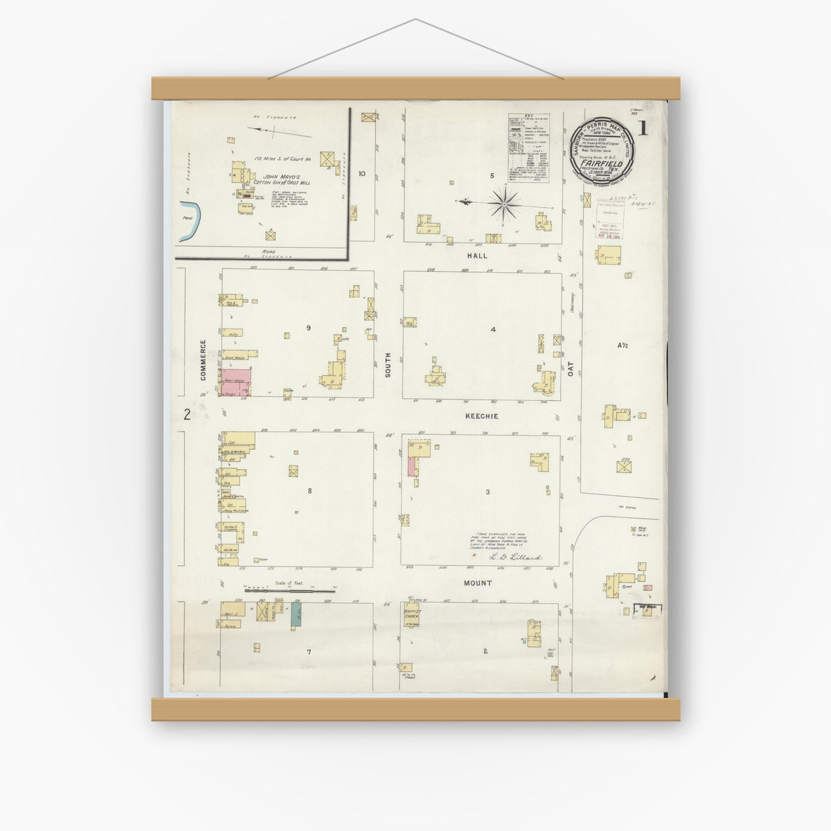 Old map wall art mockup — magnetic wood frame on white wall — Sanborn Fire Insurance Map from Fairfield, Freestone County, Texas (1896) - Complete Map Set