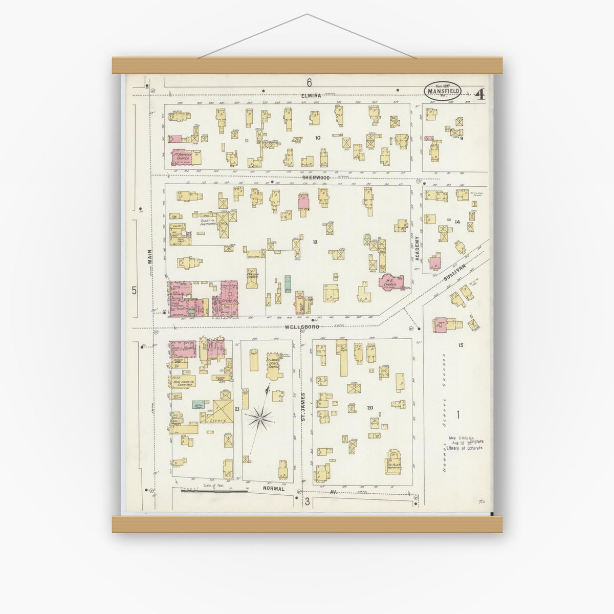 Old map wall art mockup — magnetic wood frame on white wall — Sanborn Fire Insurance Map from Mansfield, Tioga County, Pennsylvania (1892), Sheet #0004