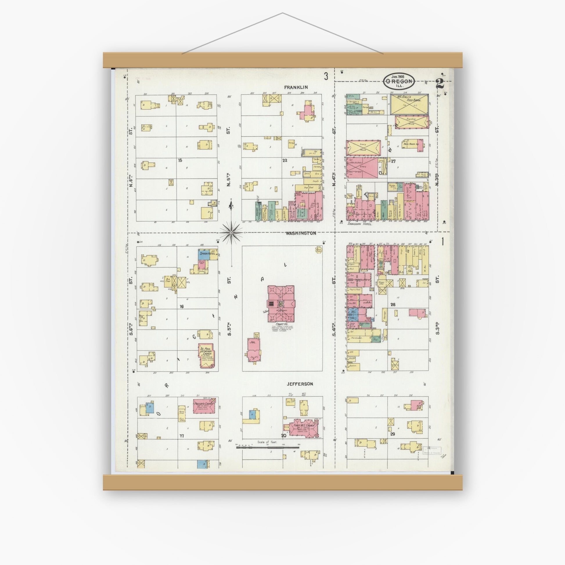 Old map wall art mockup — magnetic wood frame on white wall — Sanborn Fire Insurance Map from Oregon, Ogle County, Illinois (1905), Sheet #0002