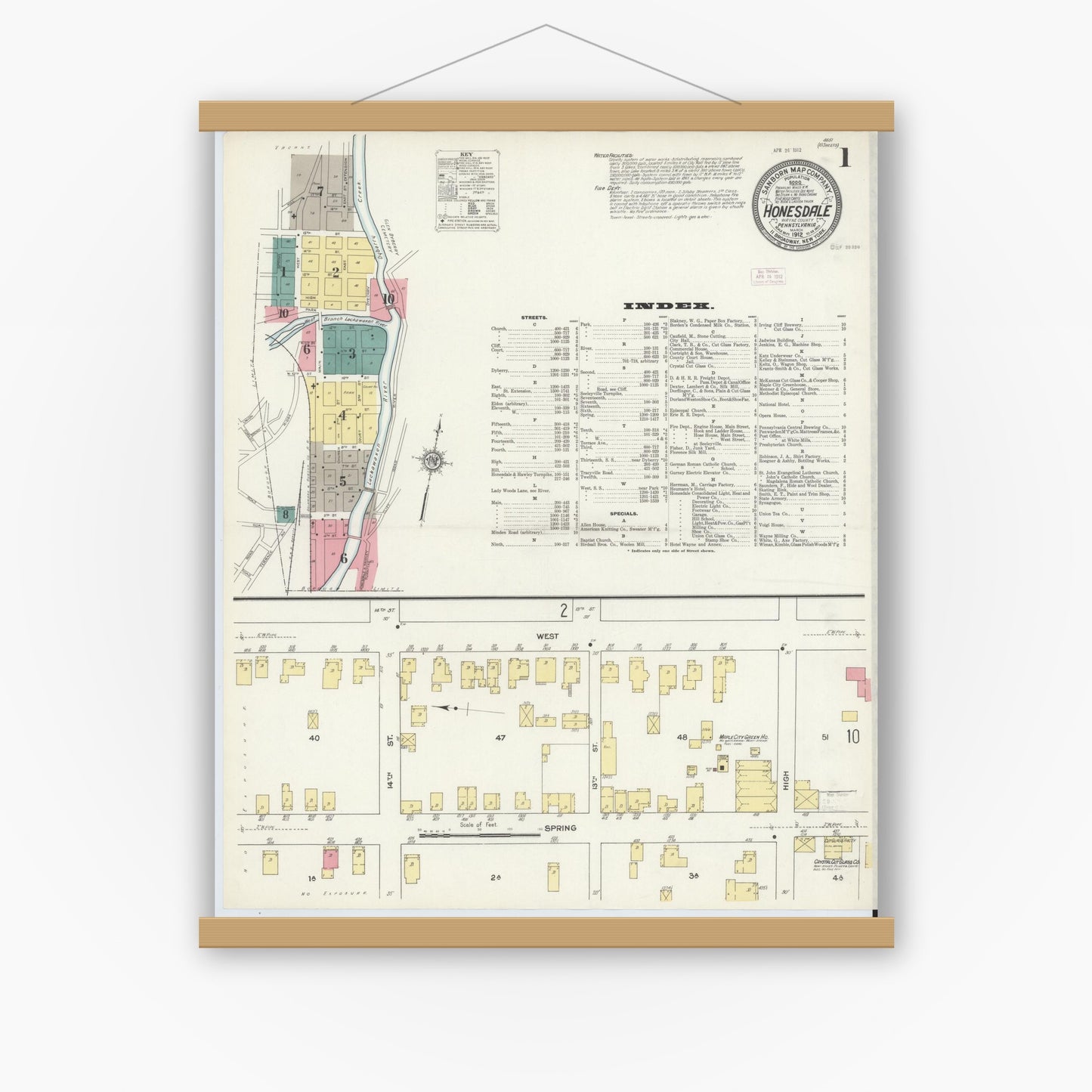 Old map wall art mockup — magnetic wood frame on white wall — Sanborn Fire Insurance Map from Honesdale, Wayne County, Pennsylvania (1912) - Complete Map Set