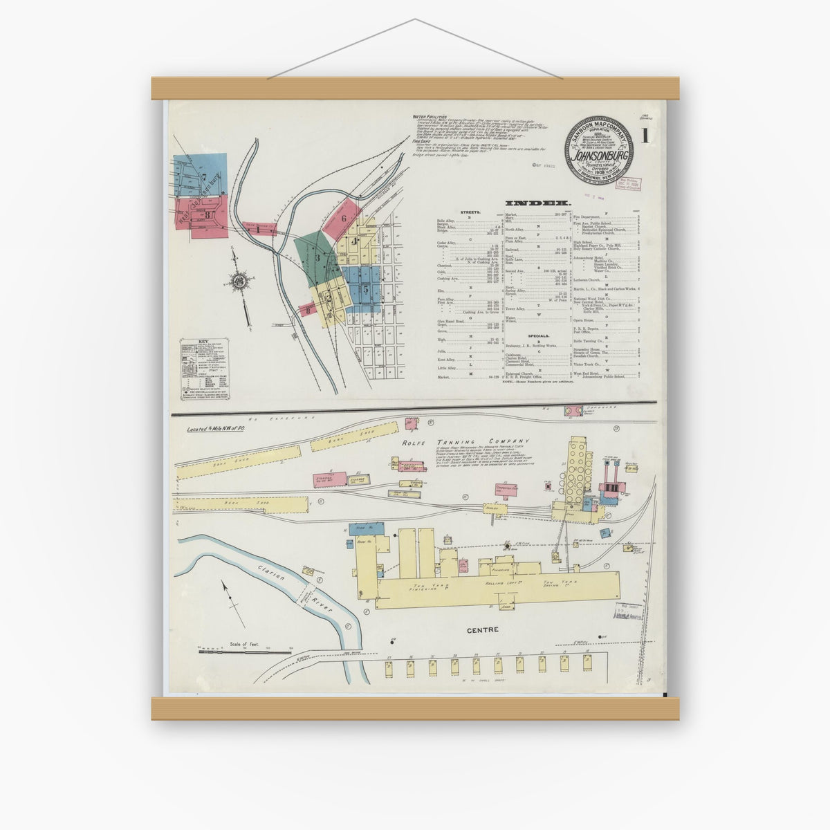 Old map wall art mockup — magnetic wood frame on white wall — Sanborn Fire Insurance Map from Johnsonburg, Elk County, Pennsylvania (1909) - Complete Map Set