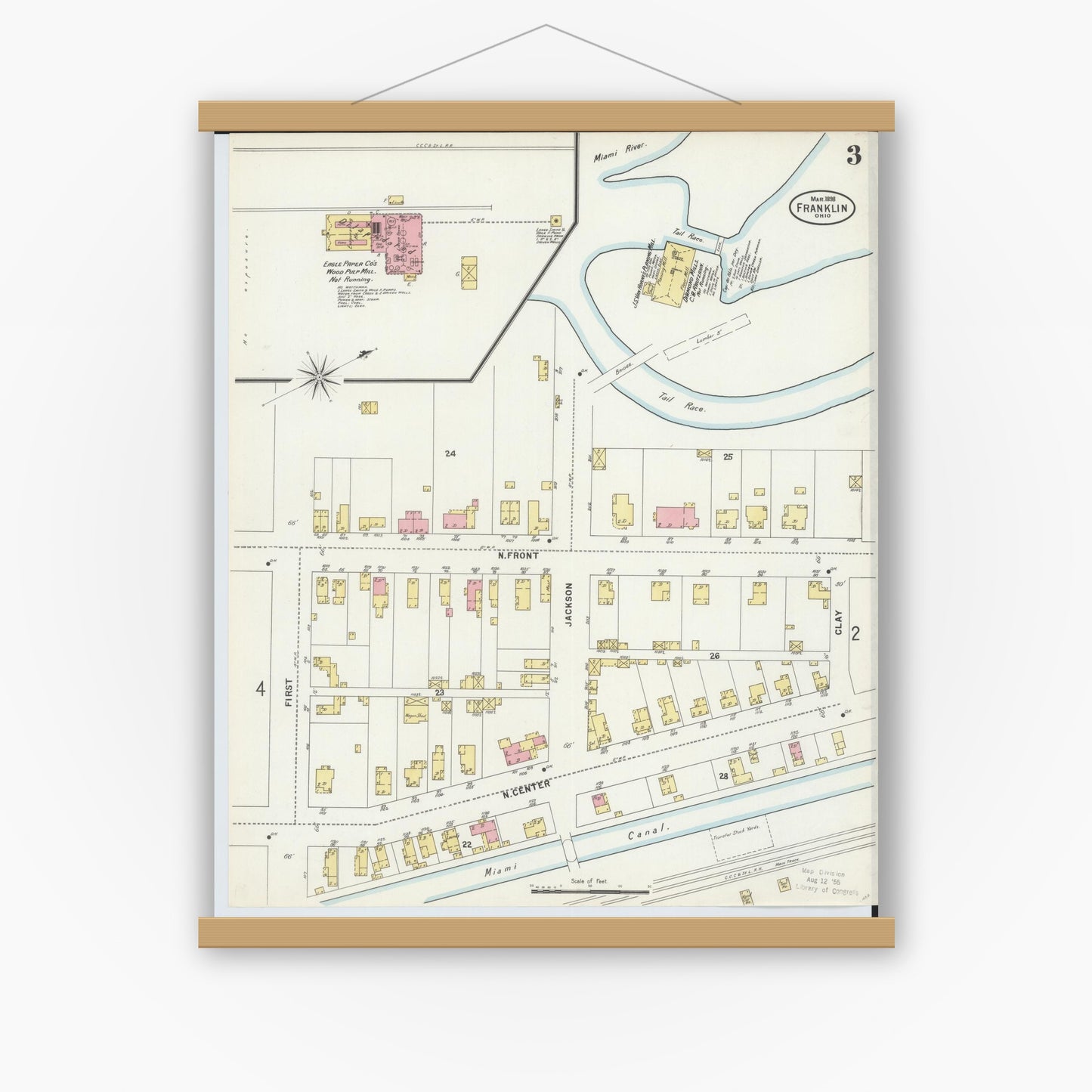 Old map wall art mockup — magnetic wood frame on white wall — Sanborn Fire Insurance Map from Franklin, Warren County, Ohio (1898), Sheet #0003