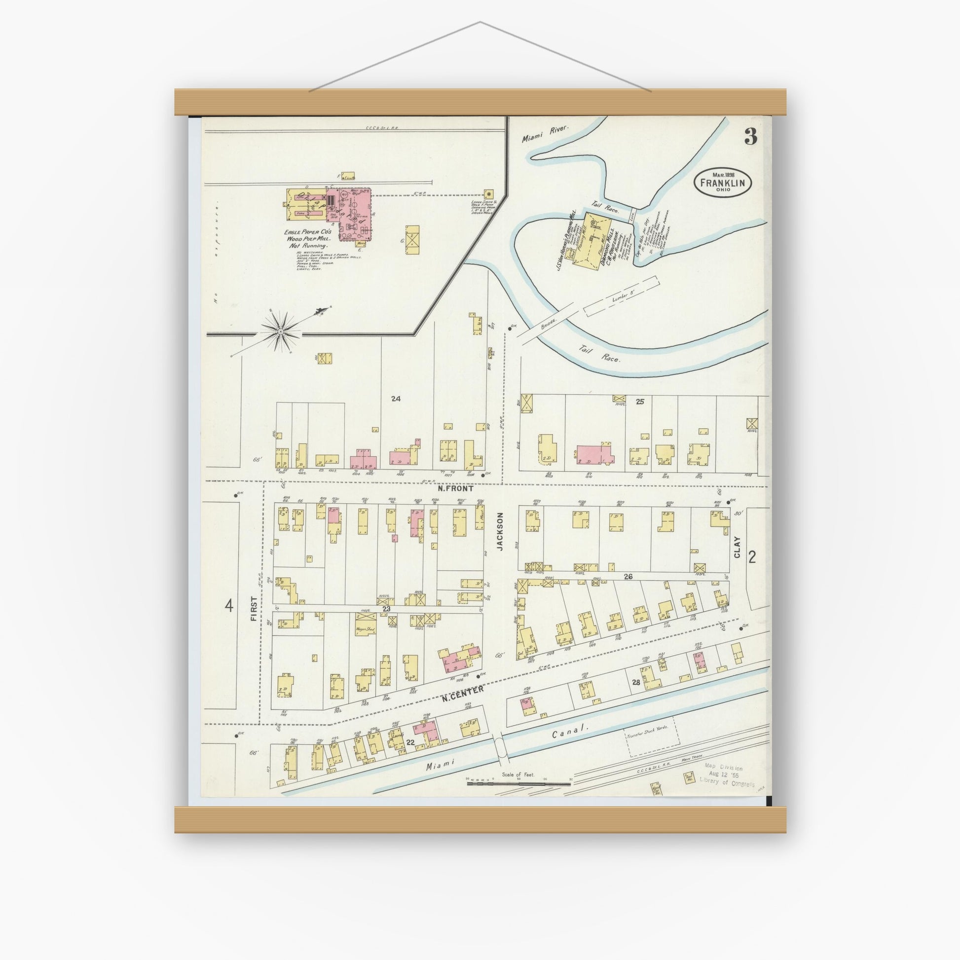 Old map wall art mockup — magnetic wood frame on white wall — Sanborn Fire Insurance Map from Franklin, Warren County, Ohio (1898), Sheet #0003