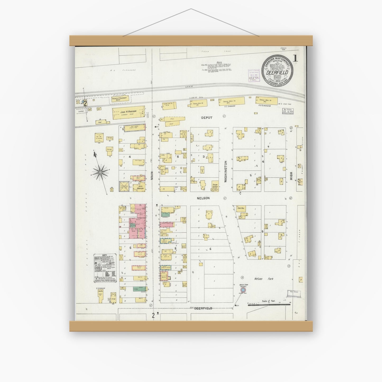 Old map wall art mockup — magnetic wood frame on white wall — Sanborn Fire Insurance Map from Deerfield, Dane County, Wisconsin (1903), Sheet #0001