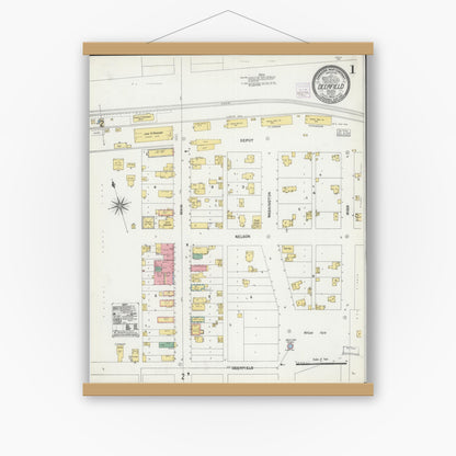 Old map wall art mockup — magnetic wood frame on white wall — Sanborn Fire Insurance Map from Deerfield, Dane County, Wisconsin (1903), Sheet #0001