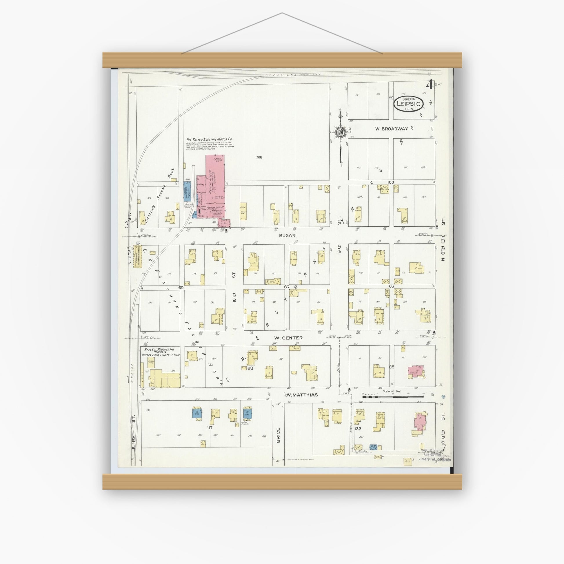 Old map wall art mockup — magnetic wood frame on white wall — Sanborn Fire Insurance Map from Leipsic, Putnam County, Ohio (1916), Sheet #0004