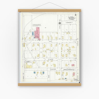 Old map wall art mockup — magnetic wood frame on white wall — Sanborn Fire Insurance Map from Leipsic, Putnam County, Ohio (1916), Sheet #0004
