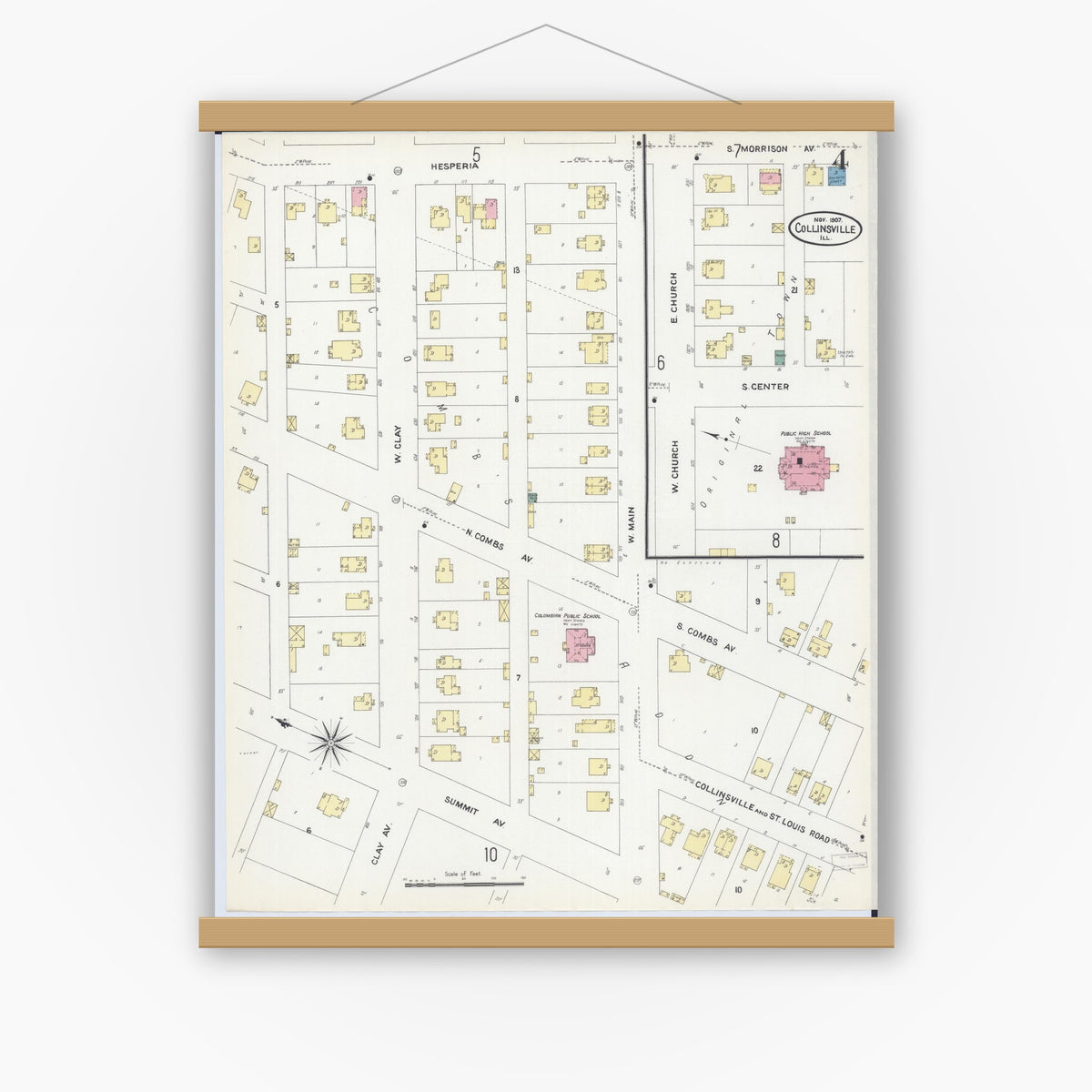 Old map wall art mockup — magnetic wood frame on white wall — Sanborn Fire Insurance Map from Collinsville, Madison County, Illinois (1907), Sheet #0004