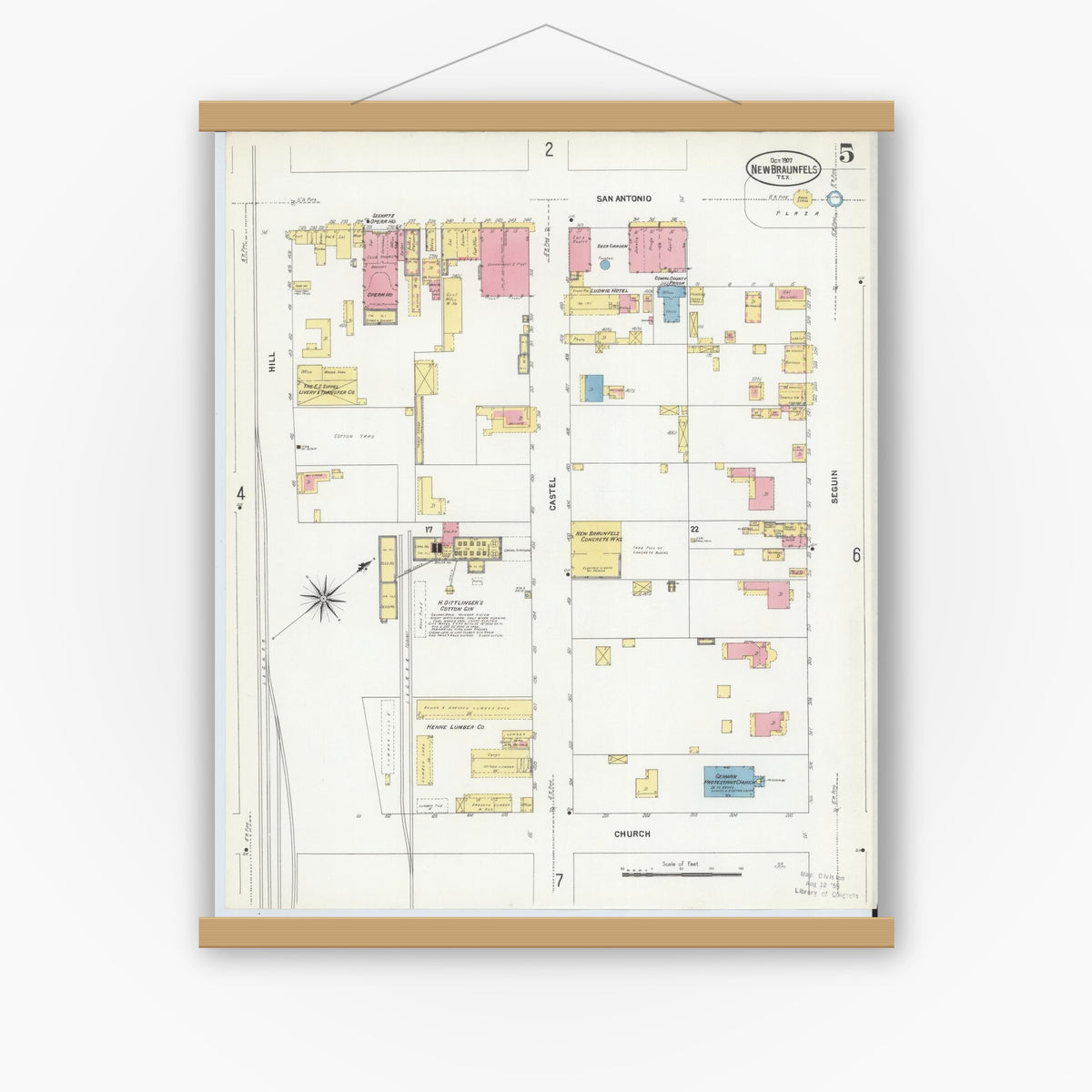 Old map wall art mockup — magnetic wood frame on white wall — Sanborn Fire Insurance Map from New Braunfels, Comal County, Texas (1907), Sheet #0005