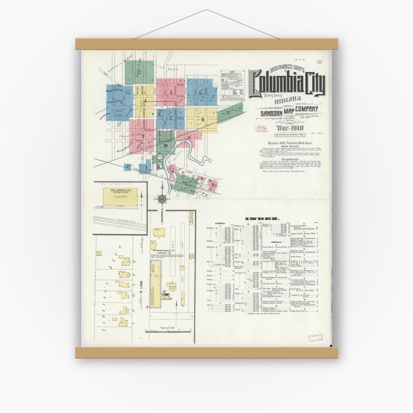 Old map wall art mockup — magnetic wood frame on white wall — Sanborn Fire Insurance Map from Columbia City, Whitley County, Indiana (1910) - Complete Map Set