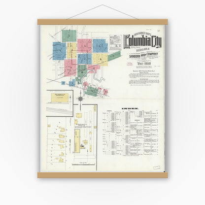 Old map wall art mockup — magnetic wood frame on white wall — Sanborn Fire Insurance Map from Columbia City, Whitley County, Indiana (1910) - Complete Map Set