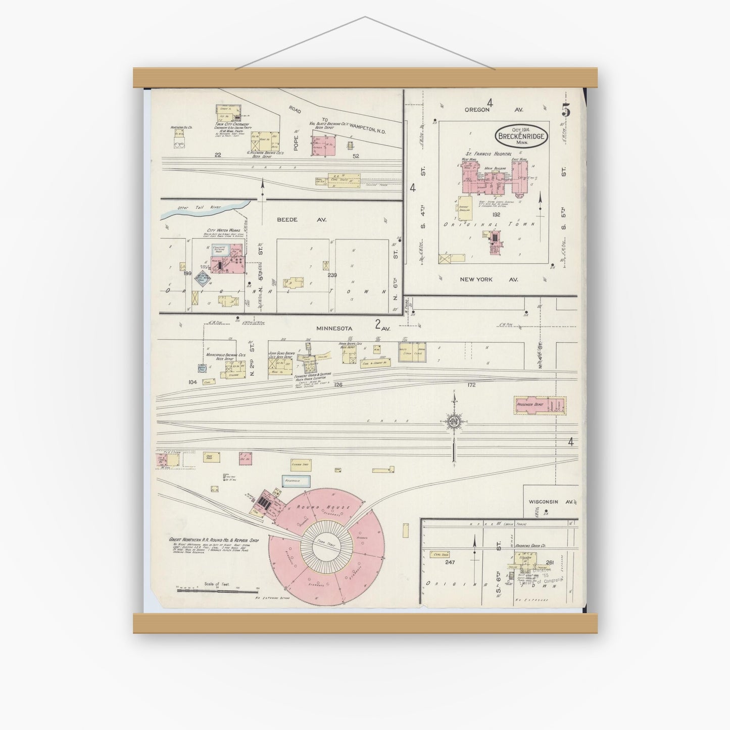 Old map wall art mockup — magnetic wood frame on white wall — Sanborn Fire Insurance Map from Breckenridge, Wilkin County, Minnesota (1914), Sheet #0005