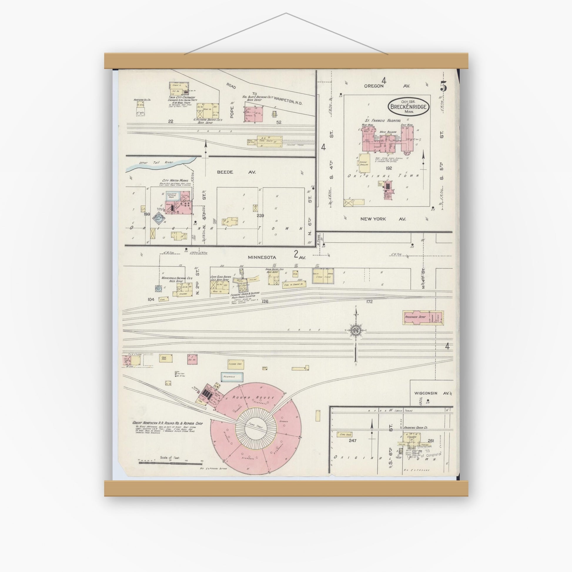 Old map wall art mockup — magnetic wood frame on white wall — Sanborn Fire Insurance Map from Breckenridge, Wilkin County, Minnesota (1914), Sheet #0005