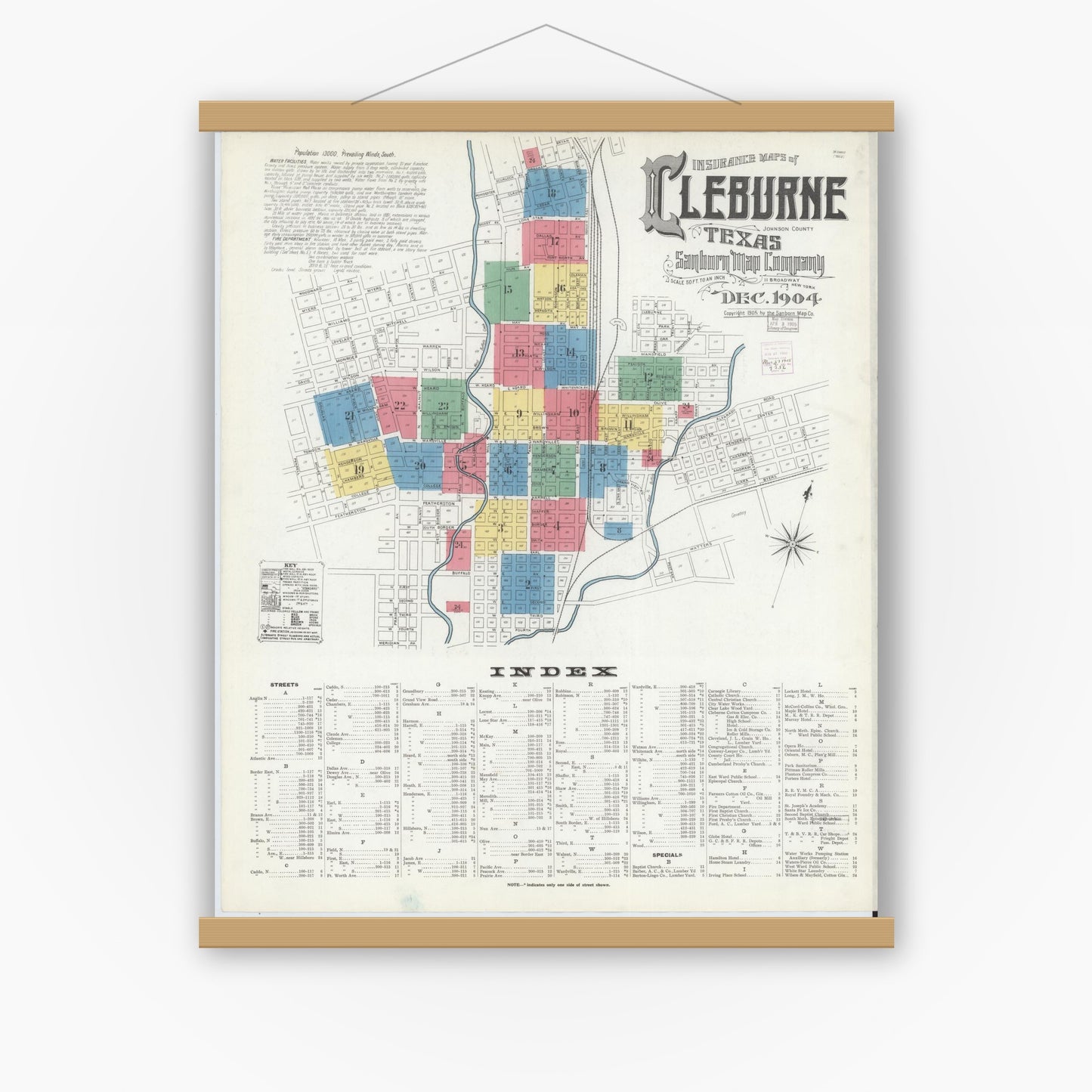 Old map wall art mockup — magnetic wood frame on white wall — Sanborn Fire Insurance Map from Cleburne, Johnson County, Texas (1904), Sheet #0001