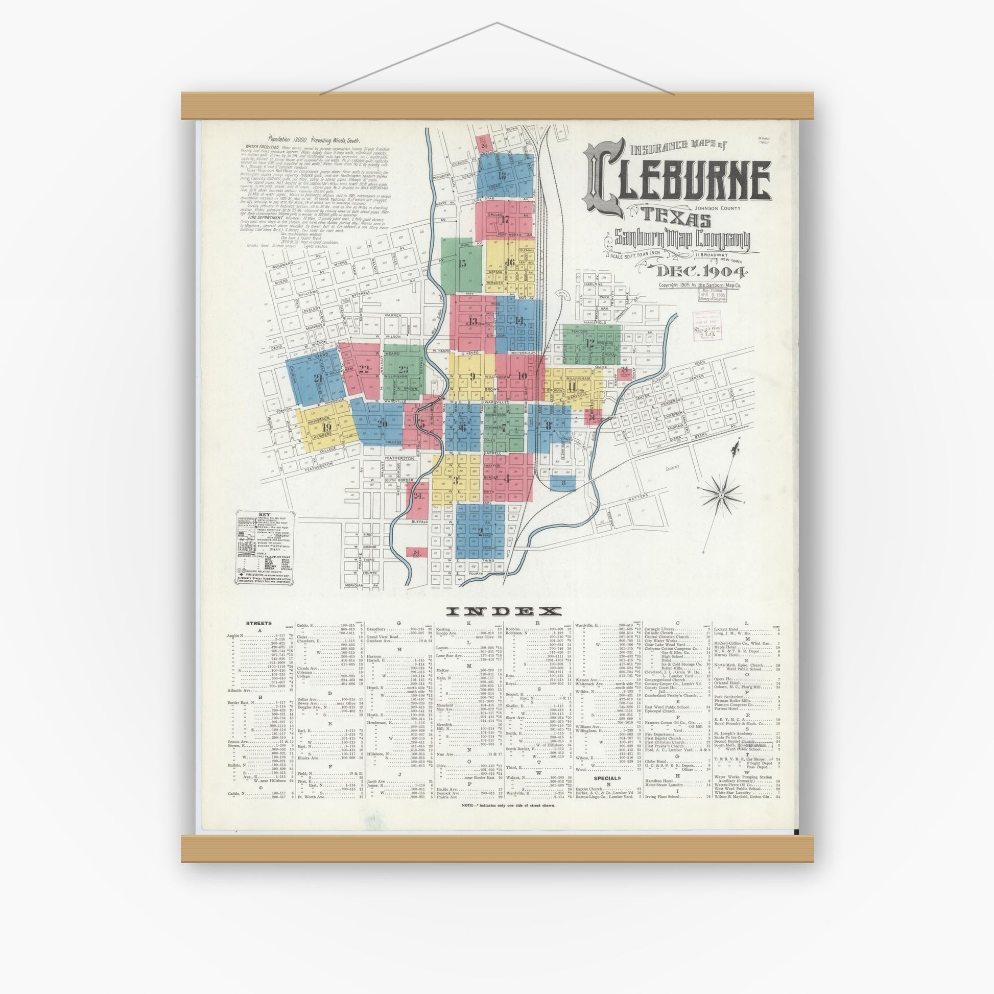 Old map wall art mockup — magnetic wood frame on white wall — Sanborn Fire Insurance Map from Cleburne, Johnson County, Texas (1904), Sheet #0001